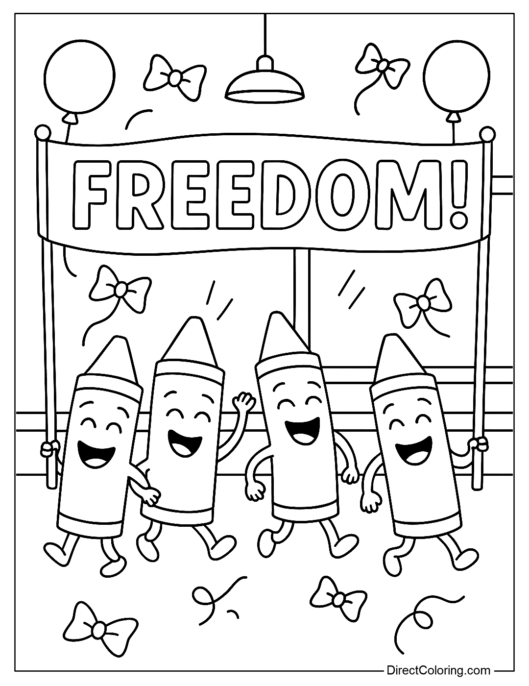 coloring page of smiling crayons, marching under the banner “Freedom!”.